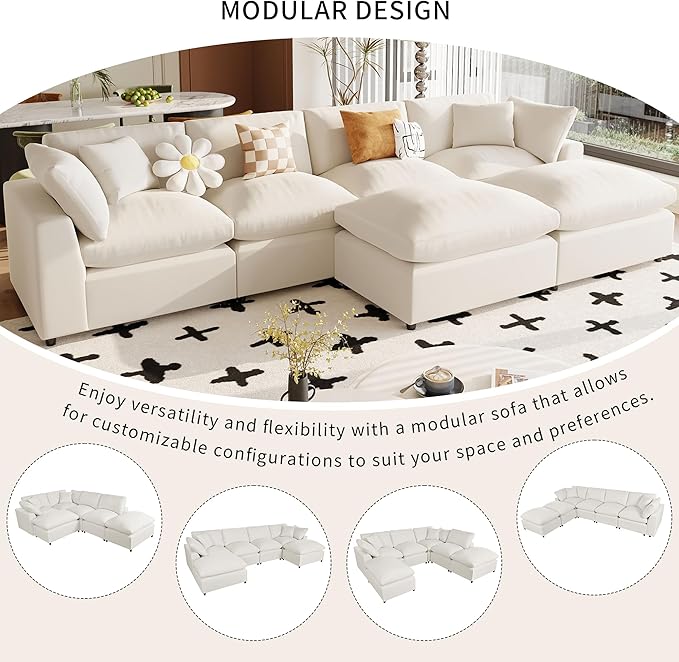 134.4 Inch U-Shaped Oversized Upholstered Sectional Sofa with Removable Ottomans, Large 6 Seater Modular Combination Corner Couch for Living Room, Office, Spacious Space, Beige