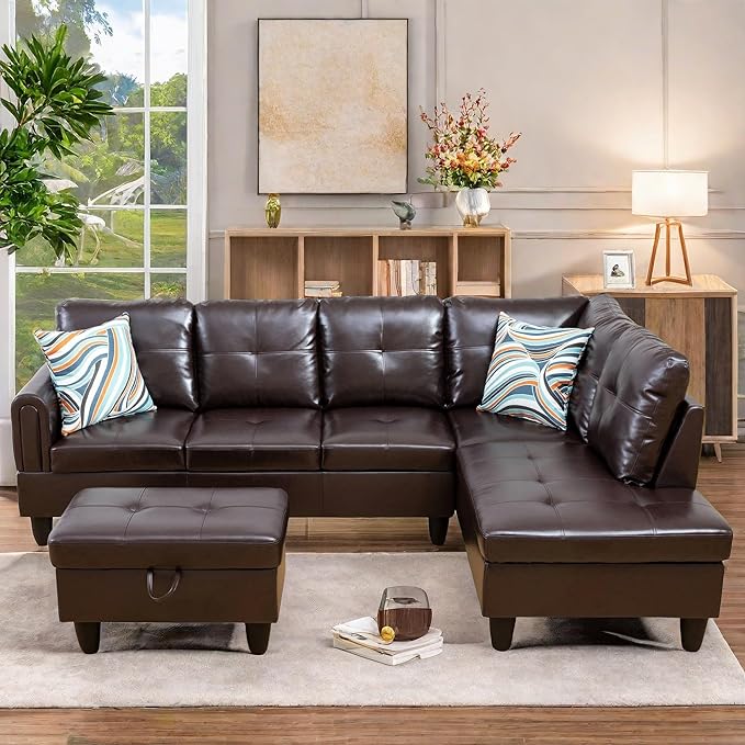 L Shaped Sectional Couches, Leather Couch Modular Sectional Sofa with Ottoman Storage, Modern L Shaped Couch with Chaise for Living Room Bedroom Apartment Furniture, Black