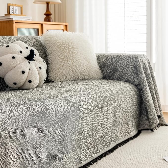 STACYPIK Geometric Pattern Sofa Cover Blanket, Black Couch Throw for Living Room, Couch Covers for Dogs, Washable Furniture Protector for 3 Cushion Sofa with Tassel, Anti-Slip Throw Cover-71X134IN