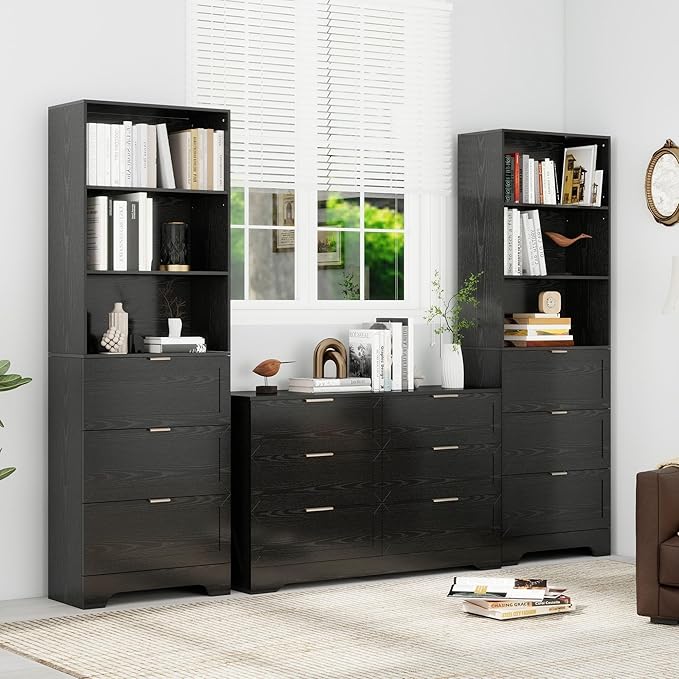 Modern Black Bookshelves and Bookcases with Drawers, 6 Tier Tall Bookshelf with Drawers, Industrial Wood Bookcase, Floor Standing Display Case with Storage,Living Room,Office