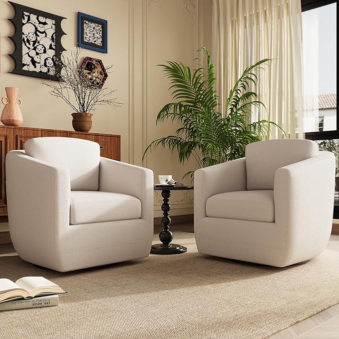 COLAMY 360° Swivel Accent Chair with Pillow - Comfy Living Room Armchair No-Sag Foam & Sturdy Metal Base, Fully Assembled Swivel Accent Single Sofa for Bedroom Living Room, Office, Beige