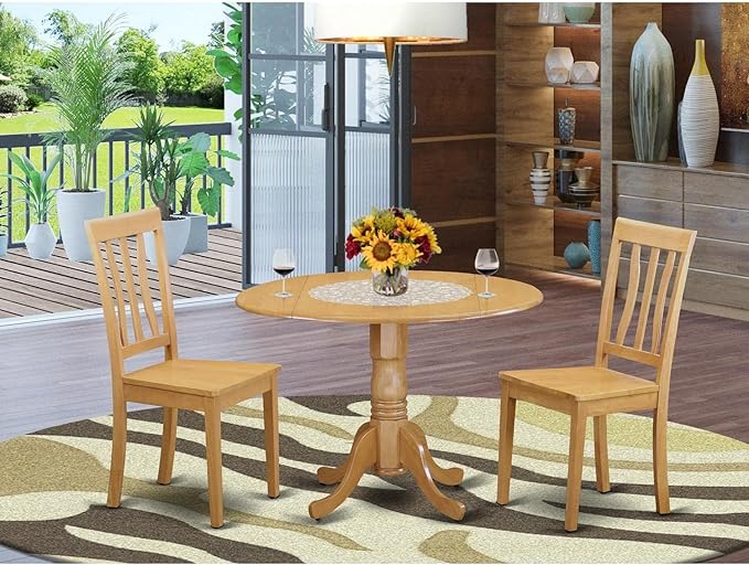 East West Furniture DLAN3-OAK-W 3 Piece Dinette Set for Small Spaces Contains a Round Dining Table with Dropleaf and 2 Dining Room Chairs, 42x42 Inch, Oak