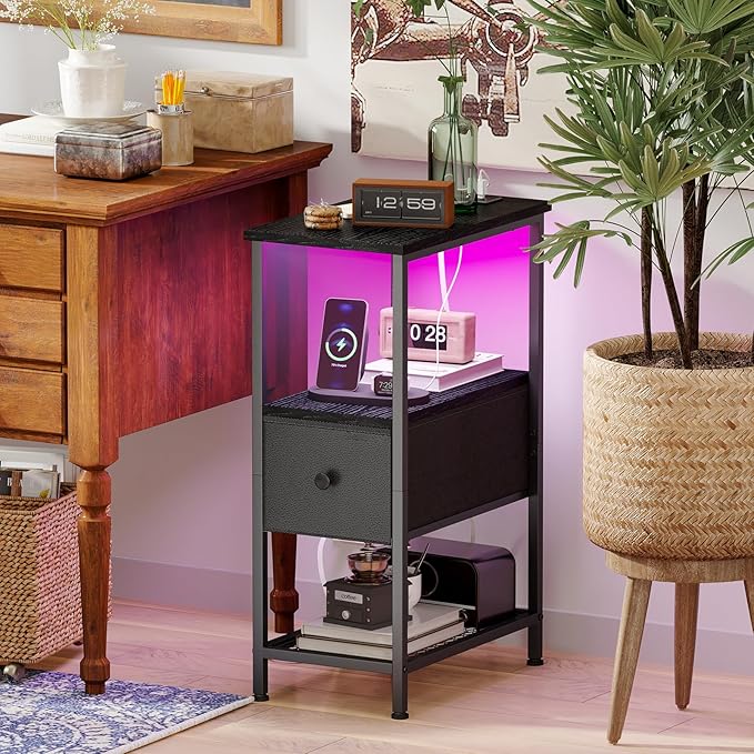 Fixwal Narrow Side Table with Charging Station and LED Light, Skinny Nightstand with 1 Fabric Drawer, Slim End Table for Bedroom, Dorm, Small Space, Black