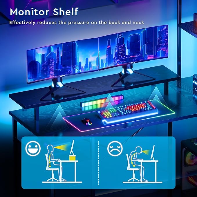 L Shaped Gaming Desk with Shelves,Reversible Computer Gaming Desk with LED Lights and Charging Station,Home Office Corner Desk with Monitor Stand,Black