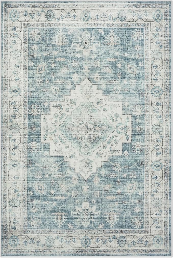 LIVEBOX Washable Area Rug 6x9 Rugs for Living Room Dining Room Under Table, Non-Slip Boho Indoor Carpet for Bedroom, Low-Pile Farmhouse Soft Carpets for Nursery Room Playroom, Blue