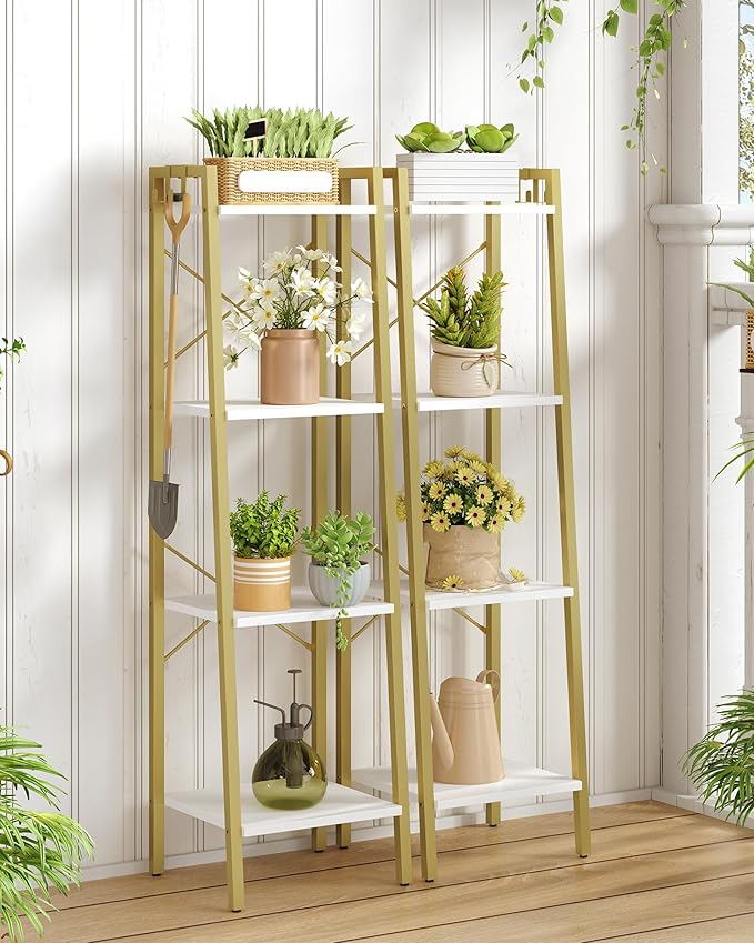 Ladder Shelf, Bookshelf Bookcase, Freestanding Corner Storage Shelve with 2 Hooks for Home Office, Living Room, Kitchen, Bedroom, Industrial, 4-Tier White Gold BC13213G