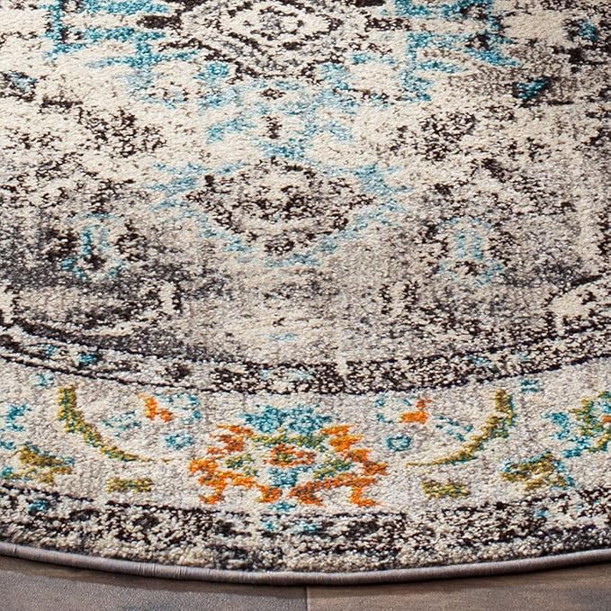 SAFAVIEH Monaco Collection Area Rug - 3' Round, Grey & Light Blue, Boho Chic Medallion Distressed Design, Non-Shedding & Easy Care, Ideal for High Traffic Areas in Living Room, Bedroom (MNC243G)