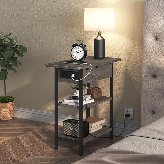 LIDYUK End Table with Charging Station, Flip Top Narrow Side Table for Small Spaces, Nightstands Set of 2 for Bedroom, End Tables Living Room Set of 2 with Storage Shelf, Dark Grey
