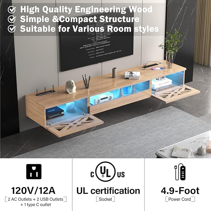 Floating TV Stand, 71" Floating Entertainment Center Wall Mounted,Floating Wall Mounted TV Shelf Modern High Gloss tv Cabinet Media Console with Storage