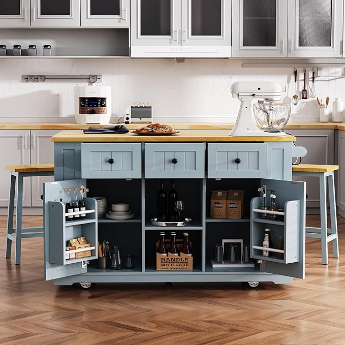 53" Large Kitchen Island Set with 2 Bar Stools, Power Outlet & Storage, Drop Leaf, 3 Drawers & 5 Open Racks, Grey Blue
