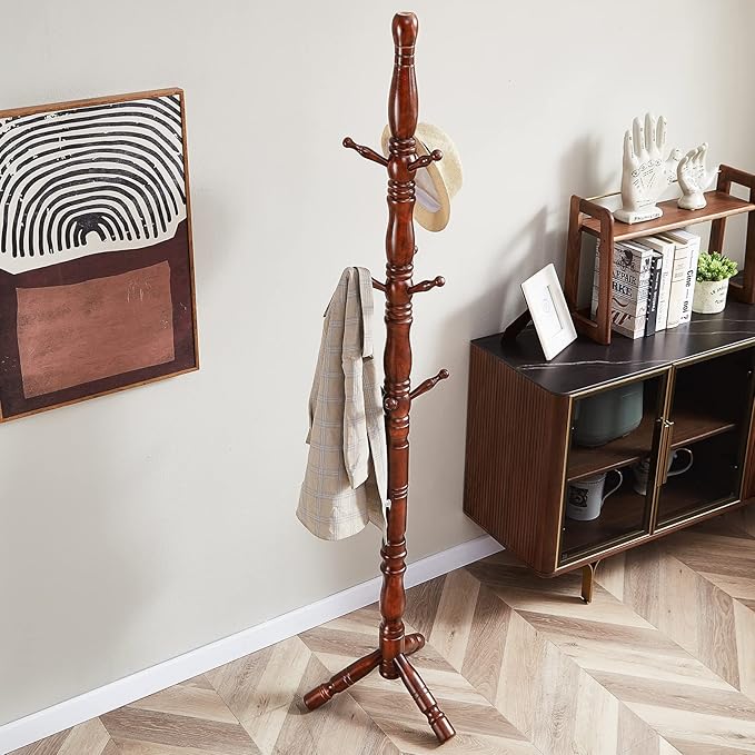 Coat Rack, Natural Wood Coat Racks with 3 Height Options and 9 Hooks,Coat Tree Ease of Assembly,Freestanding Hall Tree for Home/Office/Entryway/Hallway (Walnut)