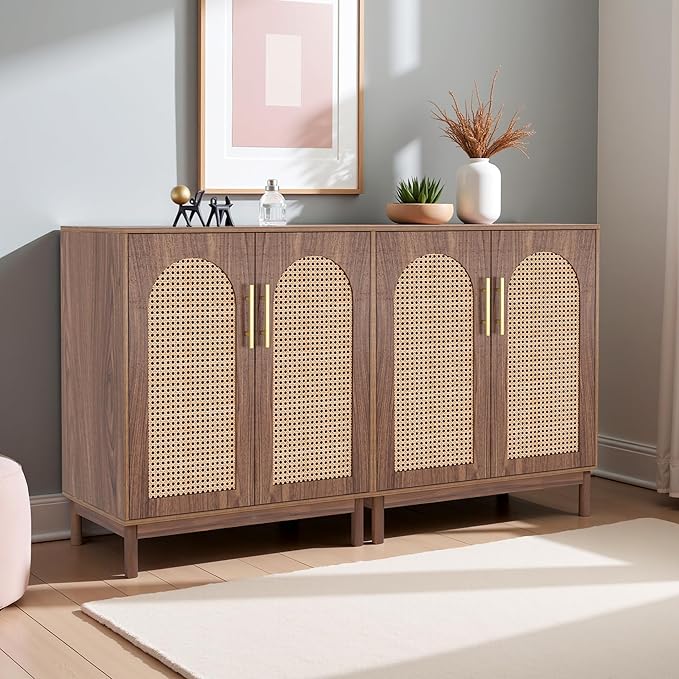 59" Sideboard Buffet Cabinet with Storage, Rattan Kitchen Buffet Storage Cabinet Set of 2, Modern Sideboard with Doors & Shelves for Living Room, Kitchen, Hallway, Dark Brown