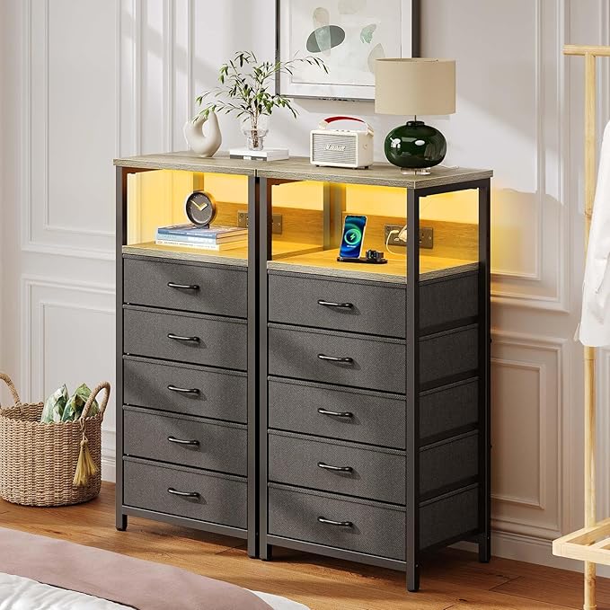 Seventable Night Stand with Charging Station, Tall Nightstand with 5 Fabric Storage Drawers, Side Table with LED Light for Bedroom, Entryway, Greige