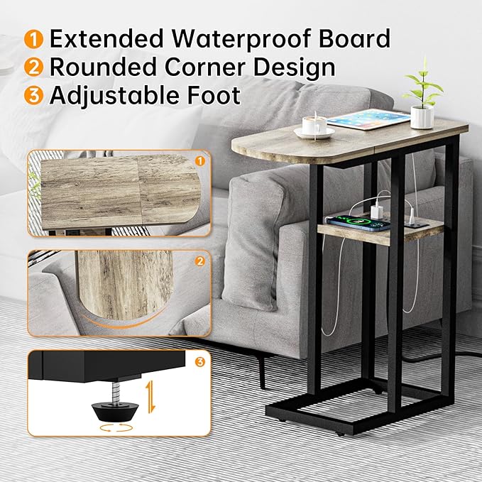 C Table End Table with Charging Station, Couch C Shaped Side Table for Living Room, Bedroom, Laptop Table with USB Ports and Type-C Port, Snack Tray Table for Couch