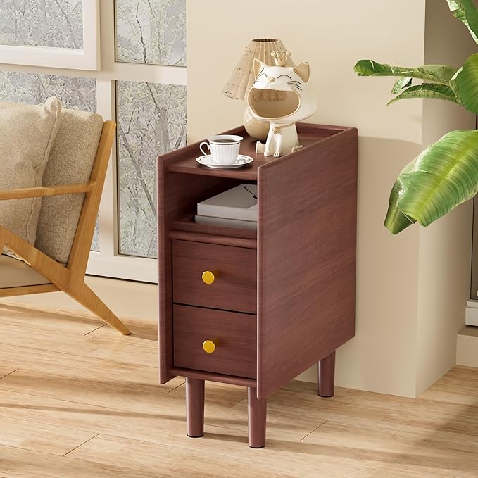 Huolewa Narrow Nightstand with 2 Drawers - Solid Wood Narrow Side Table with Open Shelf for Small Spaces, Couch, Bedroom, Living, Office - Small Bedside Table, End Tables (Walnut, 7.87 inch)