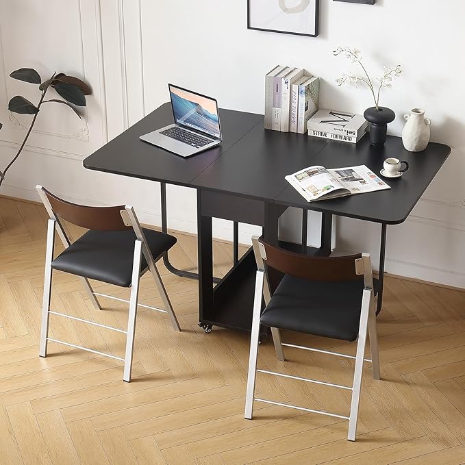 Folding table and chair set, dining table with extra large storage space and 4 universal wheels, matched with padded steel frame folding chairs, space-saving dining table and 4 chairs (Black)