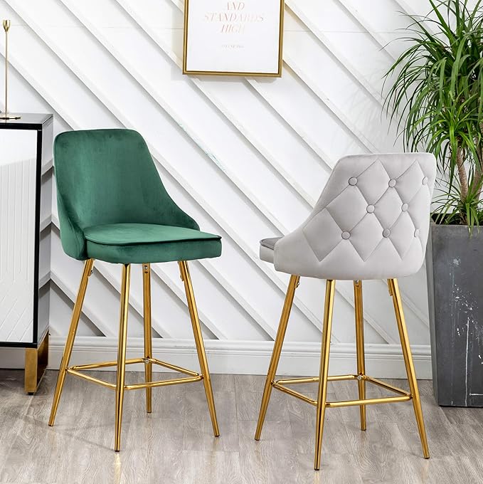 BTEXPERT Set of 2 Pack, upholstered Dining Bar Chairs Footrest High Back Counter Height Barstools Stool, Tufted Green Velvet Gold Frame 25" Modern Kitchen Island