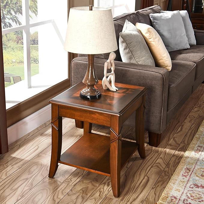 Solid Wood Side Table with Storage Shelf, Cherry Wood End Tables Living Room, Traditional Style End Table, Vintage Beside Table with Curved Legs for Apartment, Cherry Walnut Accent Table CJZ-DR200