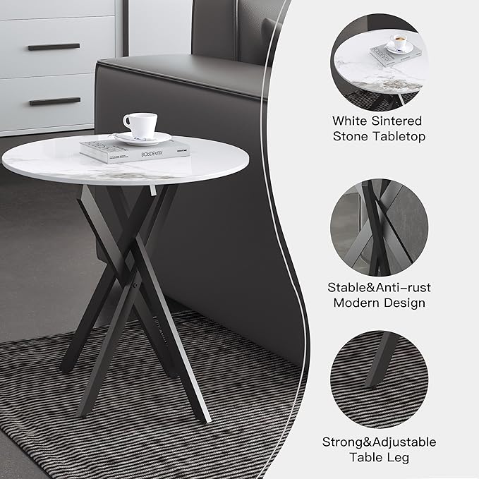 Small Round Marble Side Coffee Table with Metal Legs, Sintered Stone White Modern End Table for Living Room Sofa Home Bed Office (1 Piece, 20"×20"×18")