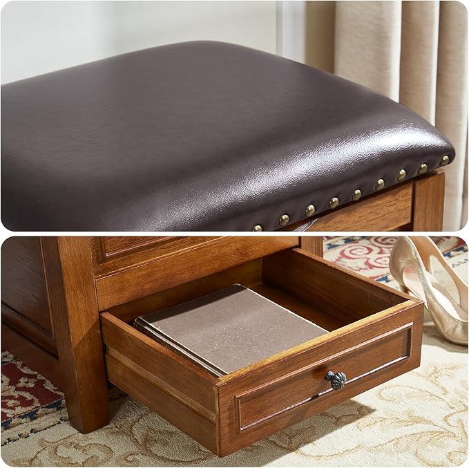 Storage Ottoman with Drawer, Microfiber Leather Padded Top Foot Rest Stool with Nailhead Trim for Bedroom Living Room