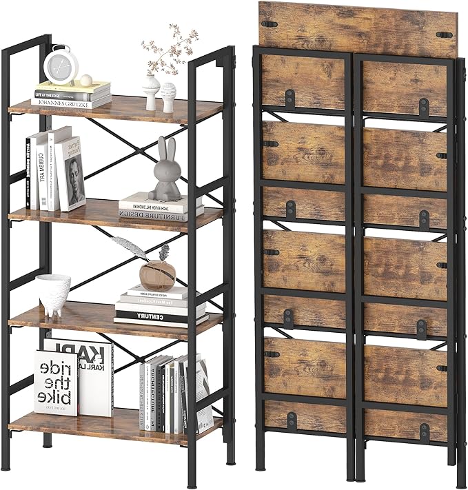 Folding Bookshelf,4 Tier Bookcase Foldable Shelf with X-Bracket Design, Adjustable Feet, Space Saving Storage for Living Room, Office, Rustic Brown
