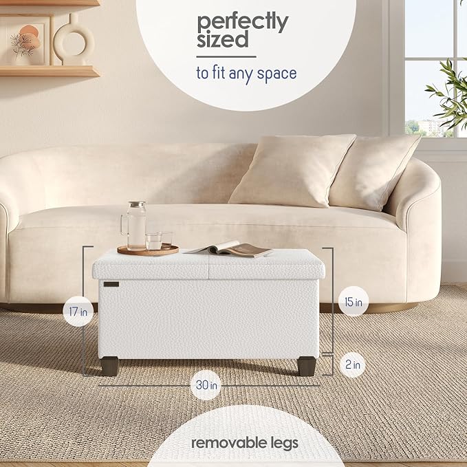 STORAGEBUD Storage Ottoman Bench with Bins, 30-in Storage Bench for Bedroom End of Bed, Folding Foot Rest Ottoman for Living Room Max 660lbs, Faux Leather Ottomans, Cream
