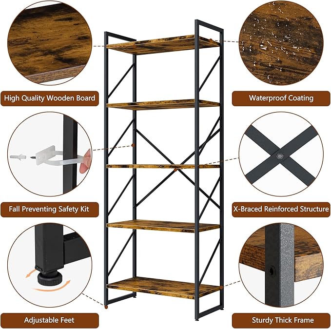Shintenchi 2 Pieces 5 Tiers Bookshelf, Classically Tall Bookcase Shelf, Industrial Book Rack, Modern Book Holder in Bedroom/Living Room/Home/Office, Storage Rack Shelves for Books/Movies-Rustic Brown