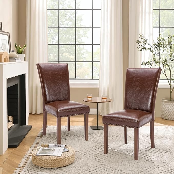 Parsons Dining Chairs Set of 2, Upholstered Nailhead PU Leather Dining Room Kitchen Side Chair with Thick Cushions and Wood Legs, Light Brown