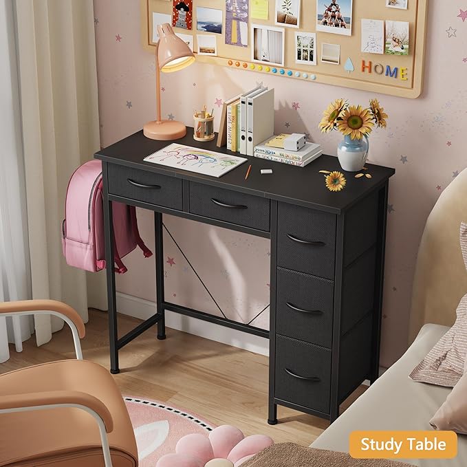 Small Computer Desk with 5 Fabric Drawers, 33 Inch Writing Desk for Home Office, Simple PC Desks for Small Place, Kids Girls Teen Study Table Vanity for Bedroom Dorm, Black