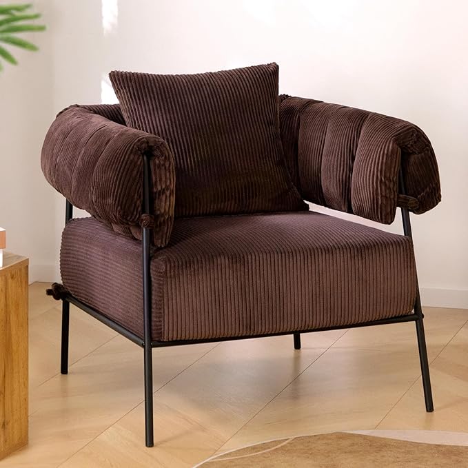 HollyHOME Modern Velvet Accent Chair, Upholstered Comfy Reading Chair, Fabric Large Lazy Arm Chair with Soft Cushion, Metal Frame Lounge Sofa Chair for Living Room, Bedroom, Balcony, Coffee