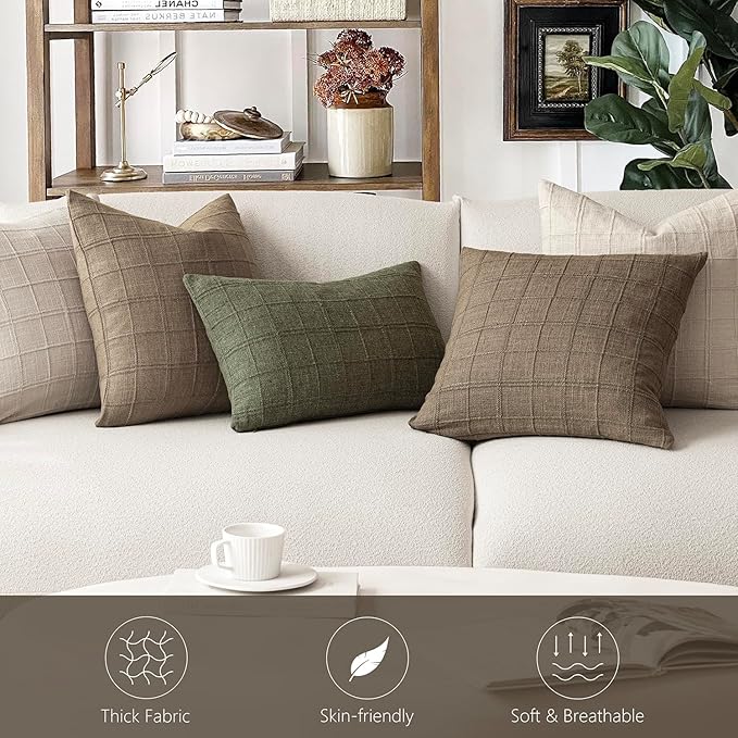 Foindtower Set of 2 Decorative Linen Check Throw Pillow Covers Neutral Farmhouse Vintage Cushion Covers Modern Boho Home Decor for Sofa Chair Couch Bedroom Living Room Outdoor,24×24 Inch,Light Brown