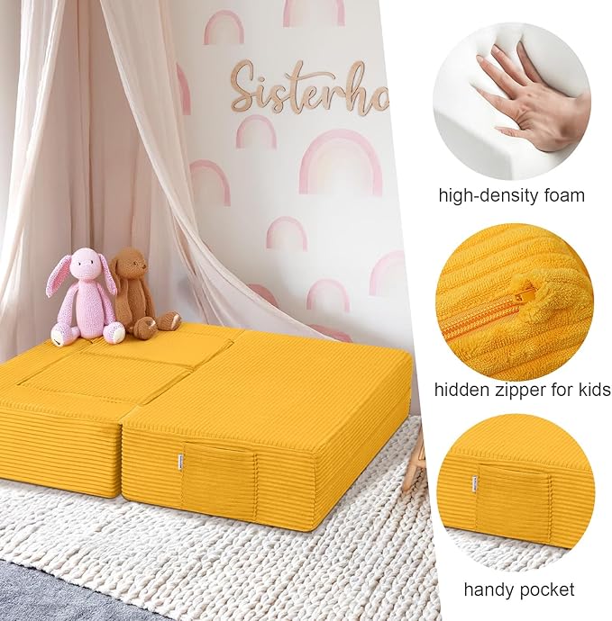MeMoreCool Modular Kids Couch, Corduroy Play Toddler Couch for Bedroom Playroom Furniture, Convertible Foam Kids Sofa Bed, Fold Out Baby Sofa for Girl Boy, Yellow
