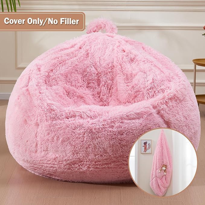 Fluffy Bean Bag for Stuffed Animals Storage, Faux Fur Washable Bean Bag Chair Cover(No Filler) for Textile Plush Toys, Beanbag Chair Cover for Adults Kids Teens, 6FT, Pink