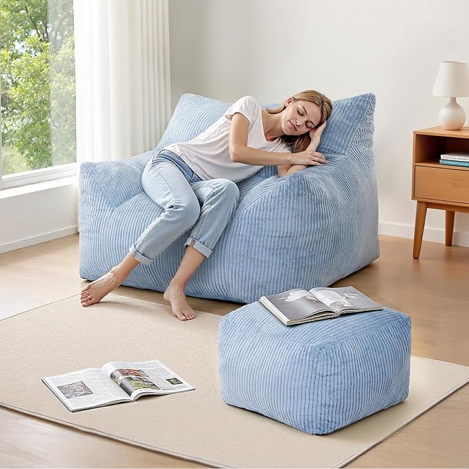 INMOZATA Bean Bag Chair for Adults, 3FT Beanbag Chairs with Ottoman Pre-Filled Fluffy Lazy Chair Corded Fabric Accent Chair for Bedroom Living Room Dorm (Light Blue)