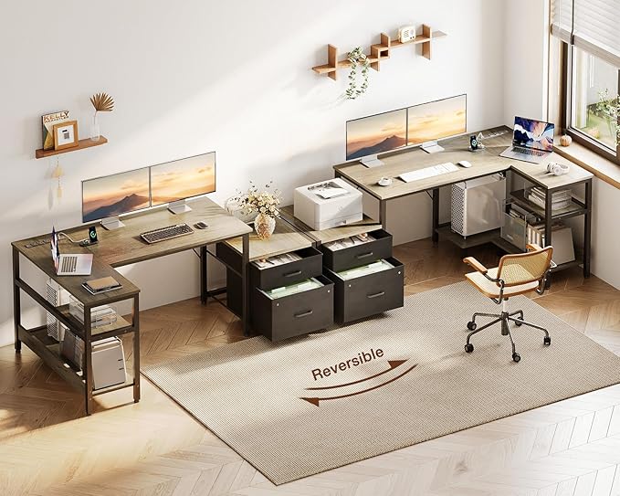 Casaottima L Shaped Desk with Drawers & File Cabinet, Computer Desk with Storage Shelves & CPU Stand, Corner Desk with Power Outlets, Reversible L Desk for Home Office, Grey