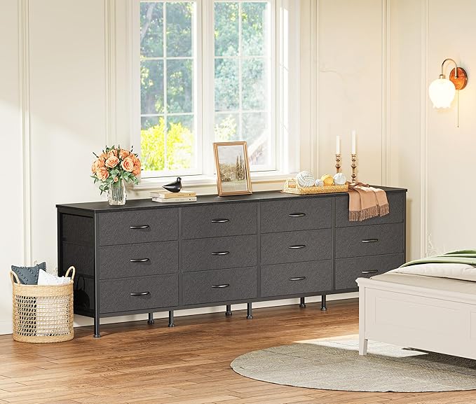 Huuger 70 Inch Black Dresser for Bedroom, TV Stand for 65, 75, 80 Inch TV, 12 Fabric Drawer Long Dresser, Wide Chest of Drawer, Storage Units for Living Room