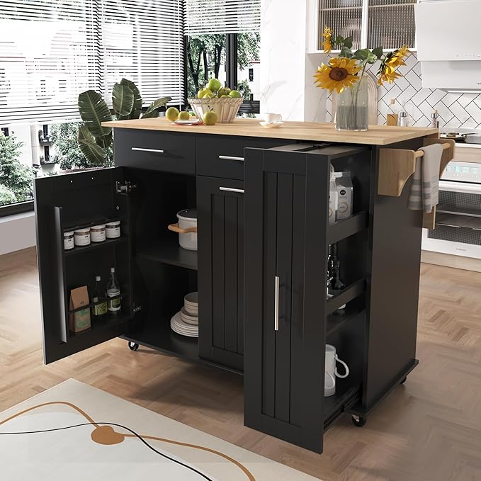 46" Kitchen Island with Drop Leaf,Dining Storage Cart W/ 3 Tier Pull Out Cabinet Organizer & Internal Storage Rack,Rolling Cart on Wheels W/Towel Rack & 2 Drawers,for Kitchen,Black