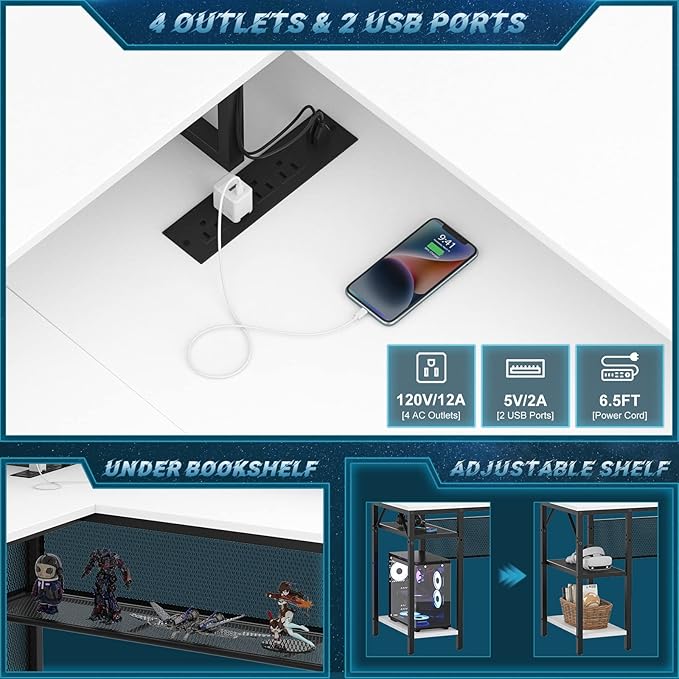 Unikito L-Shaped Desk with LED Strip and Power Outlets, Reversible Corner Computer Desk with Monitor Stand and Storage Shelf, Modern L-Shaped Gaming Table, Home Office Desk with USB Ports, White
