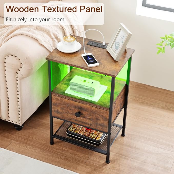 Night Stand Set 2, LED Nightstand with Charging Station, End Tables Living Room with Fabric Drawer for Small Spaces, Side Tables with Storage Shelf for Bedroom, Rustic Brown HETS01PQBR