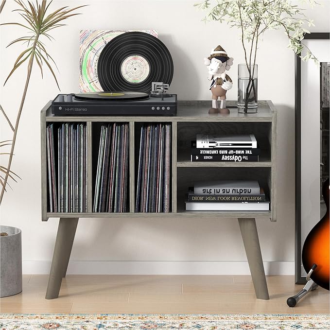 Forevich Record Player Stand Table with Vinyl Storage Holder Large Turntable Record Stand with Power Outlet Holds Up to 220 Albums Display Shelf Cabinet with Wood Legs for Living Room Oak