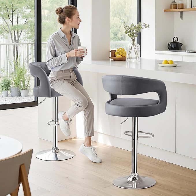 VECELO Bar Stools Set of 2 Adjustable Swivel Modern Pu Leather Barstools, Counter Bar Stools with Back and Arms, for Kitchen, Bar (Light Gry)