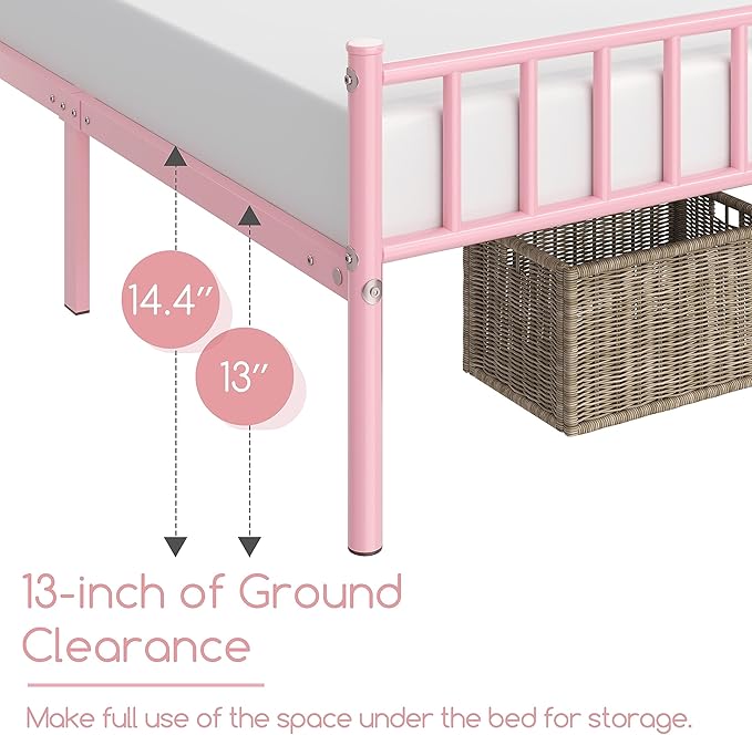 Yaheetech Twin Size Bed Frame Metal Platform Bed Frame Mattress Foundation with Spindle Headboard & Footboard/No Box Spring Needed/14 Inch Underbed Storage/Firm Support & Easy Set up Structure, Pink