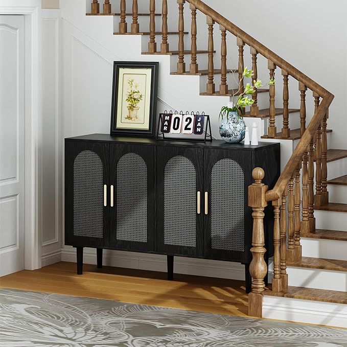 Rattan Cabinet, Mid-Century Modern Buffet Cabinet with 4 Rattan Doors, Black, 47x14x30 inch, Kitchen Sideboard