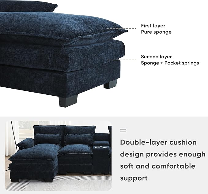 Merax 123" Modular Sectional Couches with Waist Pillows, Cupholders, Console and USB Charging, 6-Seat Upholstered Sleeper Sofa Chaise Lounge & Double Cushions for Living Room, Apartment, Dark Blue