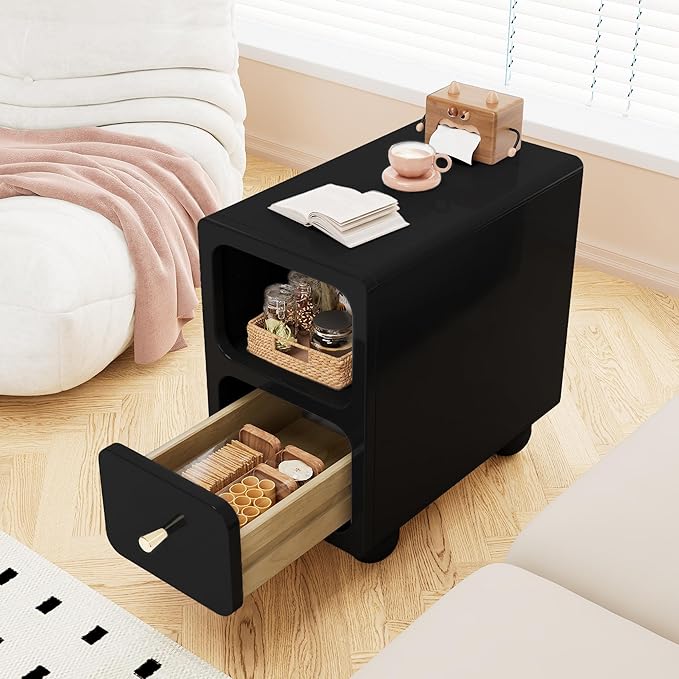 Solid Wood Nightstand, Narrow Night Stand with Drawers, Black Mid Century Modern Nightstand, Small Beside Table with Open Storage Shelf for Bedroom (10 inch)