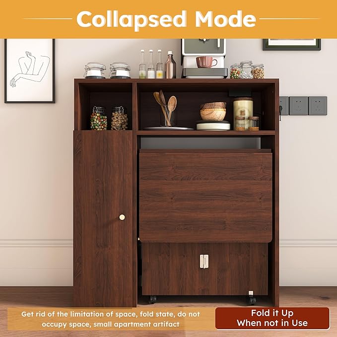 Ball & Cast Multifunctional Folding Dining Table with Wall-Mounted Sideboard & Storage,Wood Kitchen Island w/Four-in-one Socket and Silent Wheels,Space-Saving,Easy to Assemble,for Dining Room,Walnut