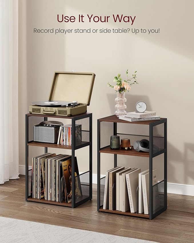 VASAGLE Record Player Stand, 3-Tier Side Table, Vinyl Record Storage up to 100 Albums, End Table for Living Room, Bedroom, Natural Walnut ULET275K02
