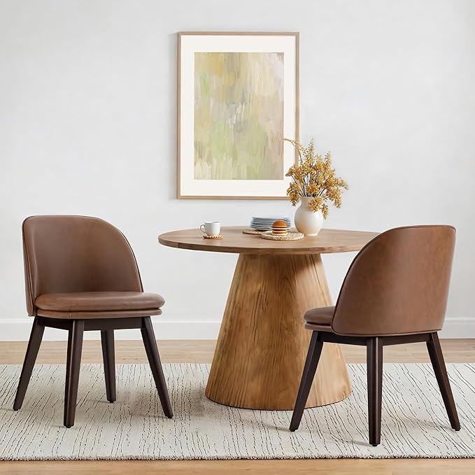 Wooden Dining Chairs Set of 4, Faux Leather Upholstered Modern Dining Room Chairs with Double-Layer Thick Seat Cushion & Ergonomic Backrest for Restaurant, Kitchen and Café, Brown, 2 Boxs