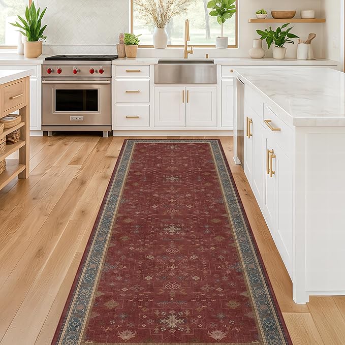 Non Slip 10ft Long Hallway Runner Rug Burgundy - 2 x 10 Runner Rug, Washable & Waterproof 2x10 Kitchen Floor Mat - Oriental Turkish Dark Red Design Décor