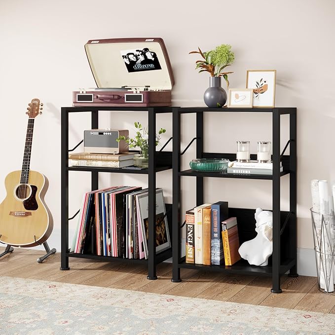 Hosfais 3 Tier Record Player Stand, Retro Vinyl Record Storage End Table Records for Living Room Bedroom (Black)